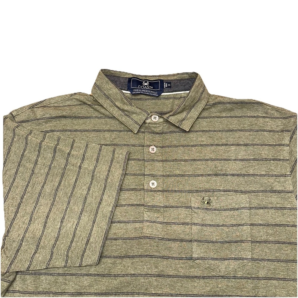 Coast The Slipknot Polo Golf Olive Green Striped Short Sleeve Button Men's XL‎